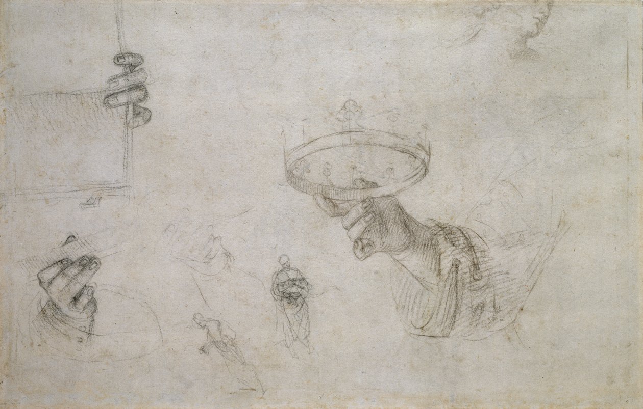 Recto: Hånd som holder en krone, og andre studier for kroningen av St. Nicholas av Tolentino, WA1846.148 av Raffaello Sanzio Raphael