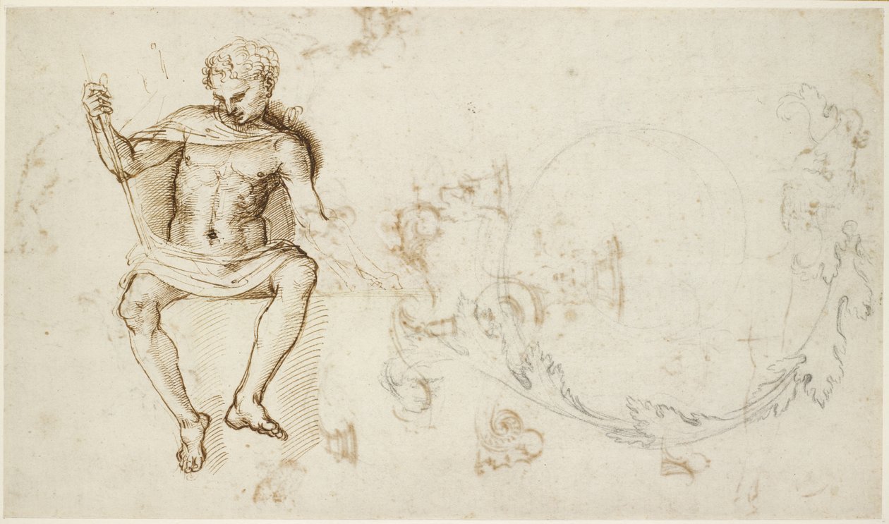 Recto: Studier av en sittende mann, og av akantusløvverk, WA1846.147 av Raffaello Sanzio Raphael
