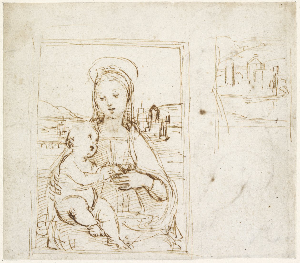 Recto: Studie for jomfru og barn med bok av Raffaello Sanzio Raphael