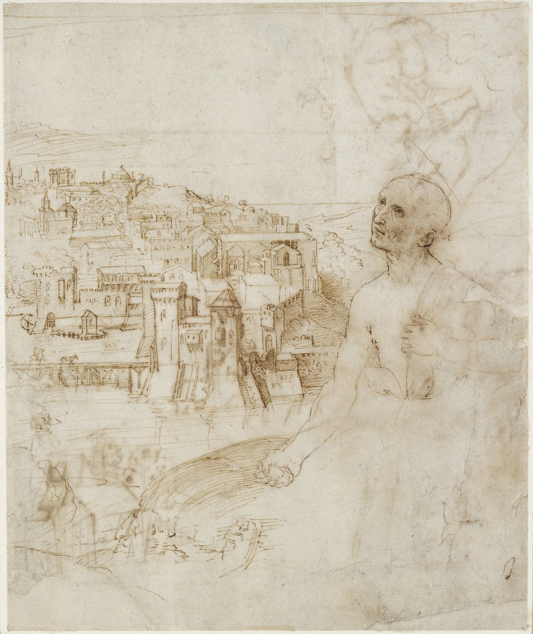 Recto: Utsikt over byen Perugia, med den botferdige St. Jerome i forgrunnen, WA1846.10 av Raffaello Sanzio Raphael