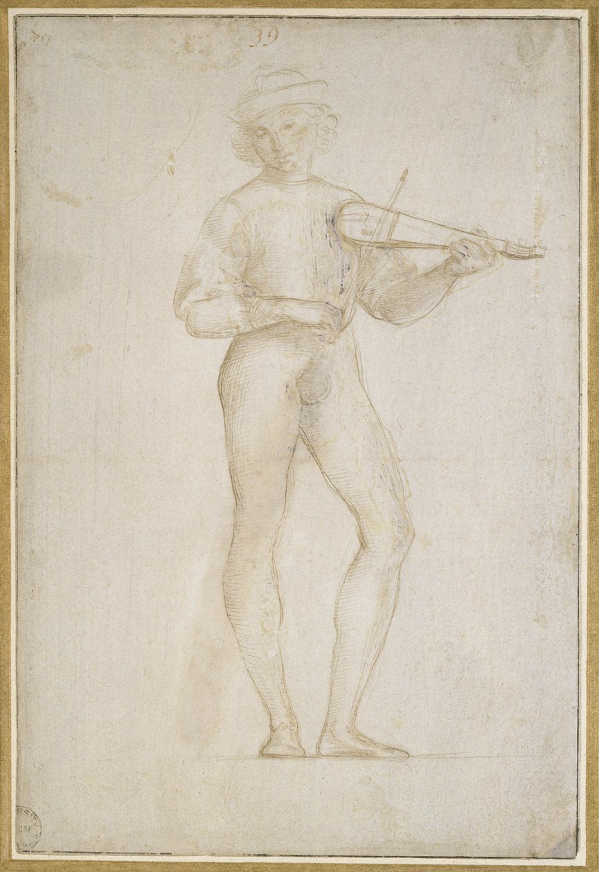Studie av en ung mann som lager musikk (sølvpunkt, forsterket med kroppsfarge, på et blekt steingrå preparat) av Raffaello Sanzio Raphael