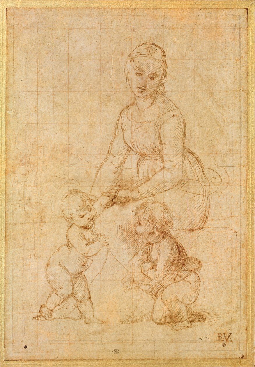 Studie av jomfruen for 'La Belle Jardini ère' eller Madonna og barn med døperen Johannes (blekk på papir) av Raffaello Sanzio Raphael