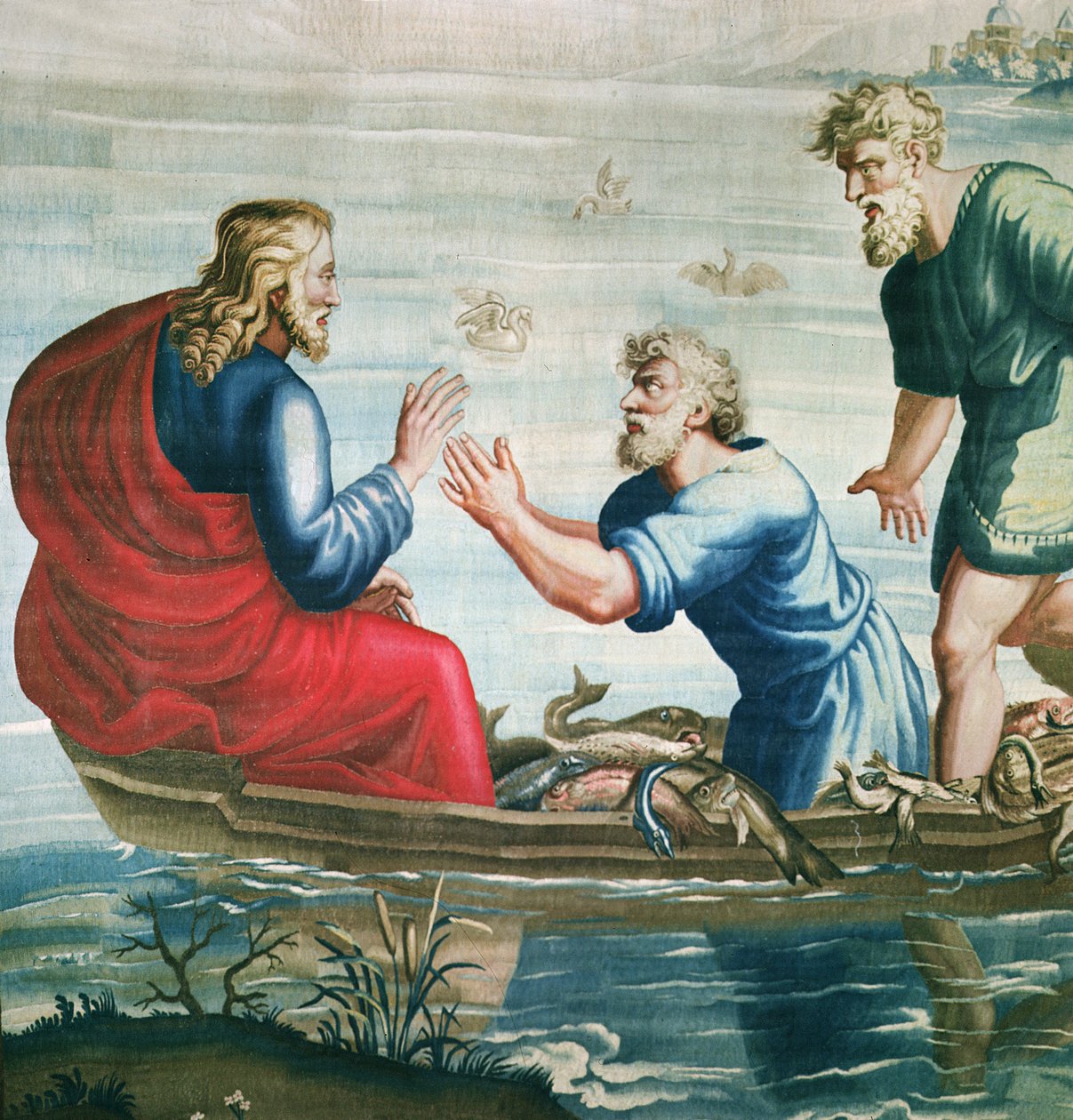 Tapet som skildrer Apostlenes gjerninger, Den mirakuløse fiskefangst-detaljen av Kristus og Saint Peter knelende, vevd på Beauvais-verkstedet under ledelse av Philippe Behagle 1641-1705, 1 av Raffaello Sanzio Raphael