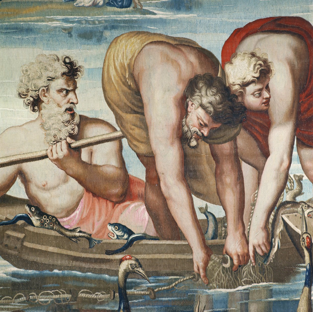 Billedteppe som skildrer Apostlenes gjerninger, Den mirakuløse fiskefangst detalj av fiskerne som installerer garnet sitt, vevd på Beauvais-verkstedet under ledelse av Philippe Behagle 1641-1705 av Raffaello Sanzio Raphael