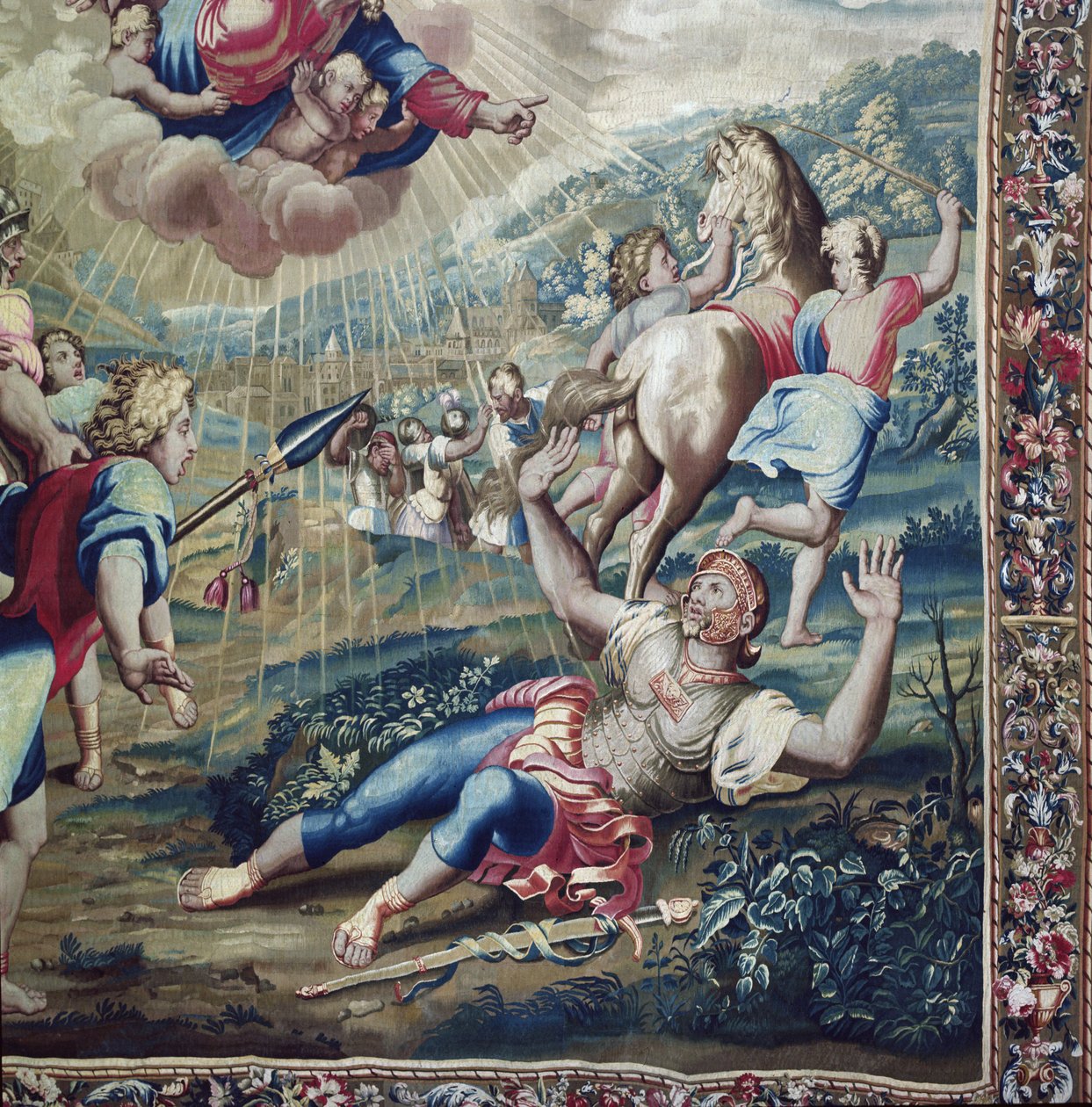 Tapet som skildrer Apostlenes gjerninger, omvendelsen Saint Paul detalj av Saint Paul strukket ut på gulvet, armene hevet til himmelen, vevd på Beauvais Workshop under ledelse av Ph av Raffaello Sanzio Raphael