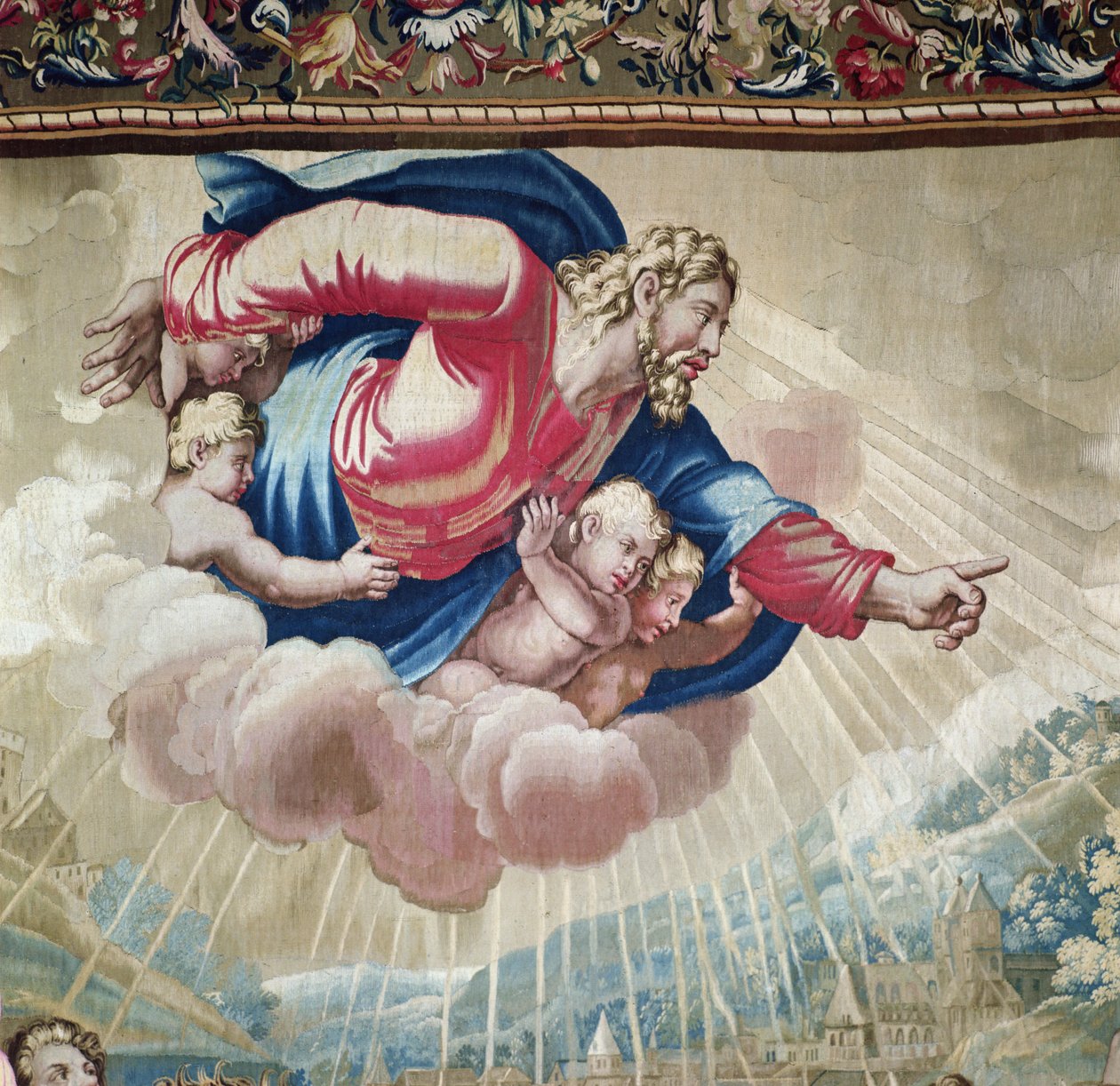 Tapet som skildrer Apostlenes gjerninger, omvendelsen Saint Paul-detaljene av Kristi tilsynekomst på en sky omgitt av engler, vevd på Beauvais-verkstedet under ledelse av Philipp av Raffaello Sanzio Raphael