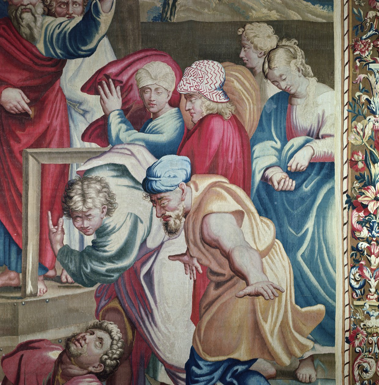 Tapet som skildrer Apostlenes gjerninger, Ananias død detalj av en gruppe tilskuere grepet av redsel, vevd på Beauvais-verkstedet under ledelse av Philippe Behagle 1641-1705, av Raffaello Sanzio Raphael