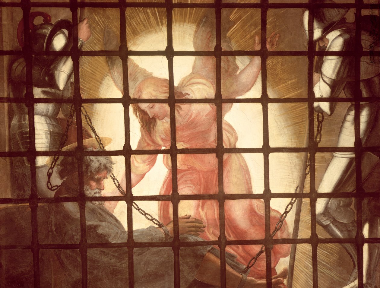 Engelen vekker St Peter, fra 'The Liberation of St Peter' i Stanza d'Eliodoro, 1512-14 (detalj) (se 135638-9) av Raffaello Sanzio Raphael