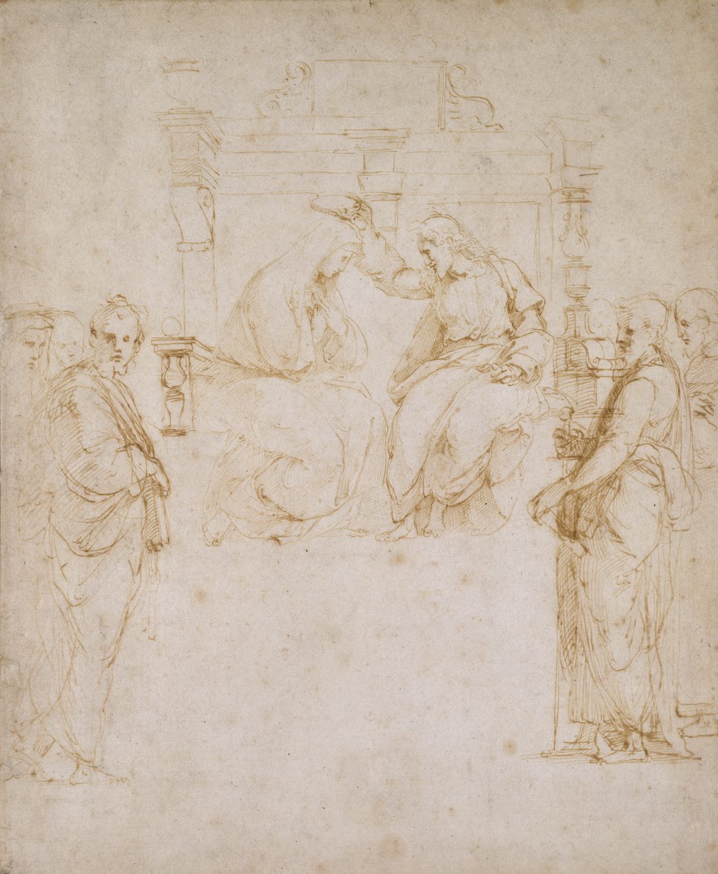The Coronation of the Virgin (penn og brunt blekk på off-white papir) av Raffaello Sanzio Raphael