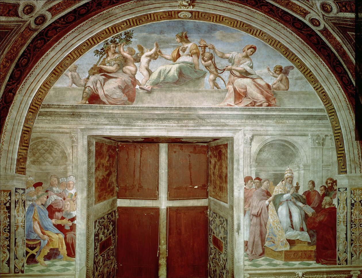De rettslige dydene: Pave Gregor IX godkjenner Vatikanets dekreter; Justinian overlater Pandects til Trebonianus av Raffaello Sanzio Raphael