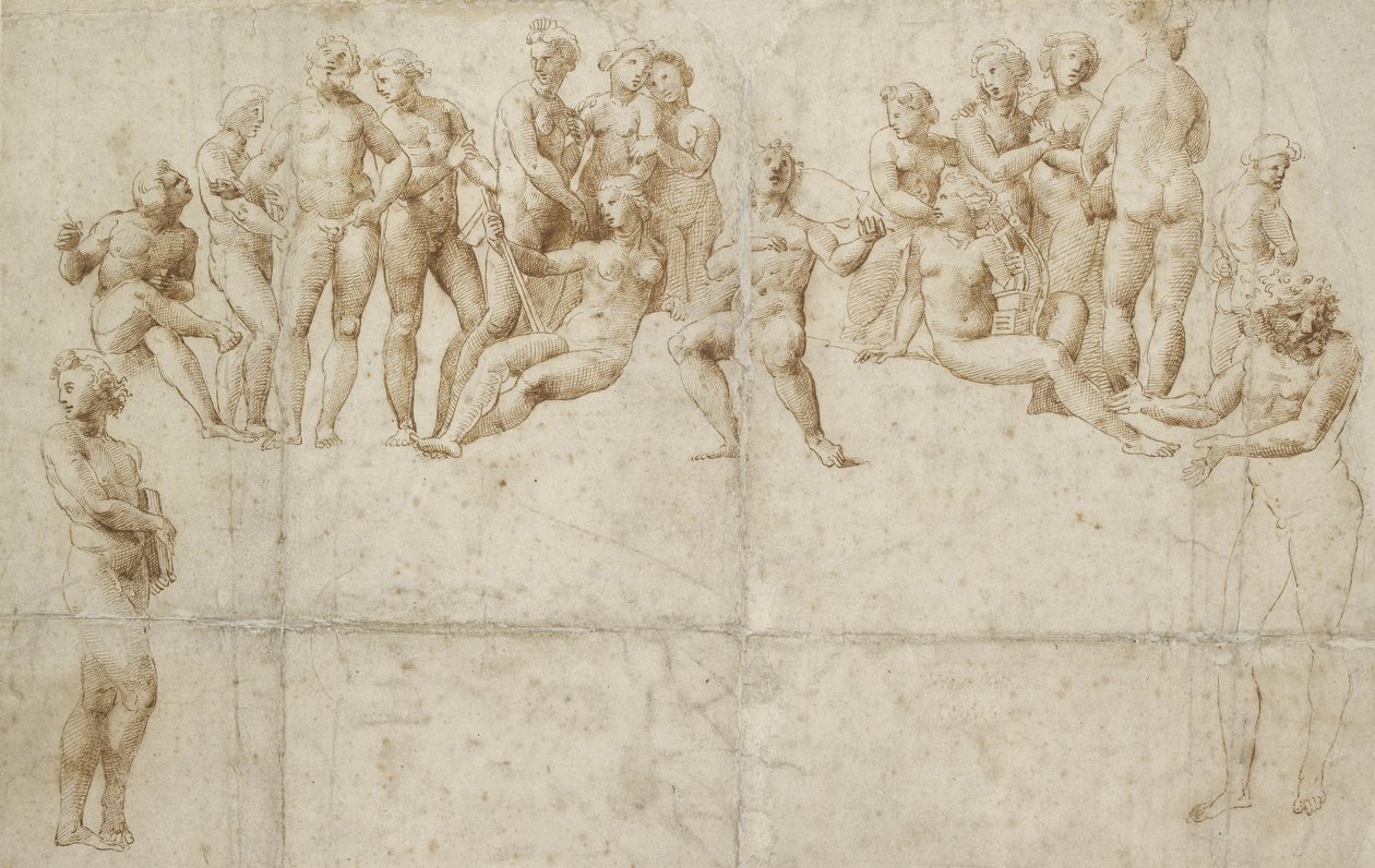 Parnassus, kopi etter Raphael (penn og brunt blekk over svart kritt på hvitt papir) av Raffaello Sanzio Raphael