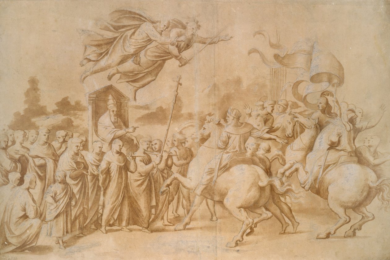 The Repulse of Attila (brun vask forsterket med gouache på papir) av Raffaello Sanzio Raphael