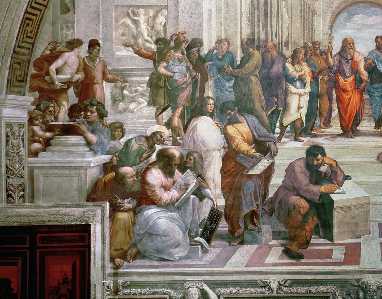 Skolen i Athen, detalj fra venstre side som viser Pythagoras omgitt av studenter og Michelangelo, 1510-11 freskomaleri av 472 av Raffaello Sanzio Raphael
