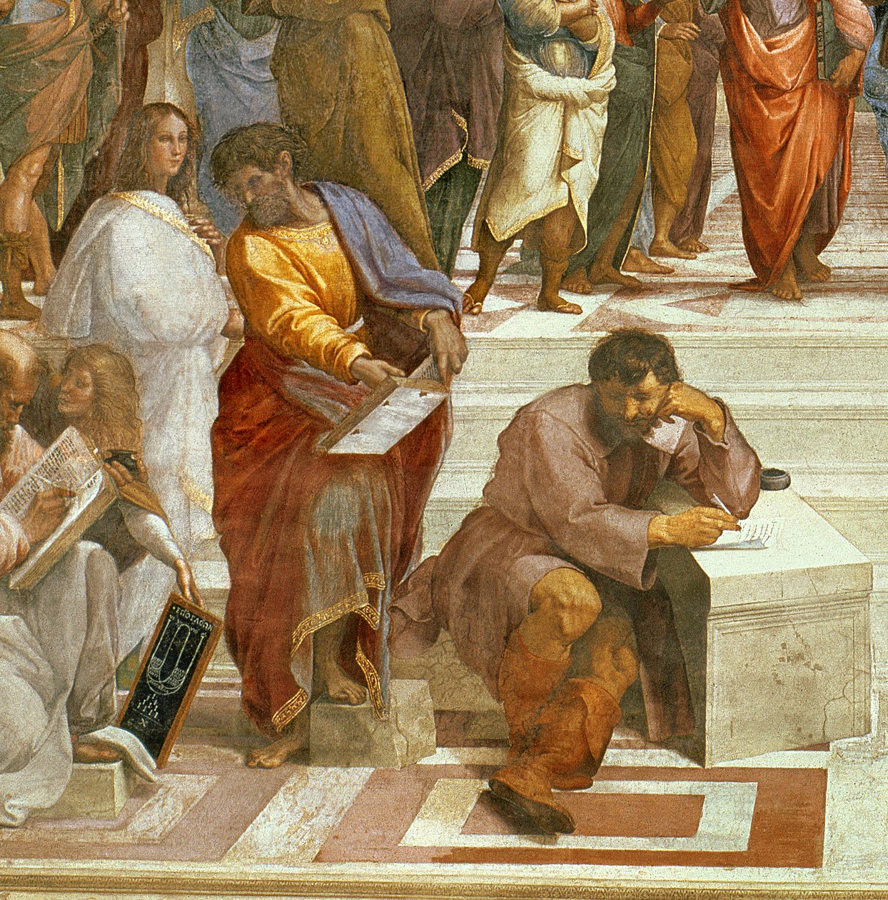 Skolen i Athen, detalj av figurene på venstre side, 1510-11 freskomaleri av 87597 av Raffaello Sanzio Raphael