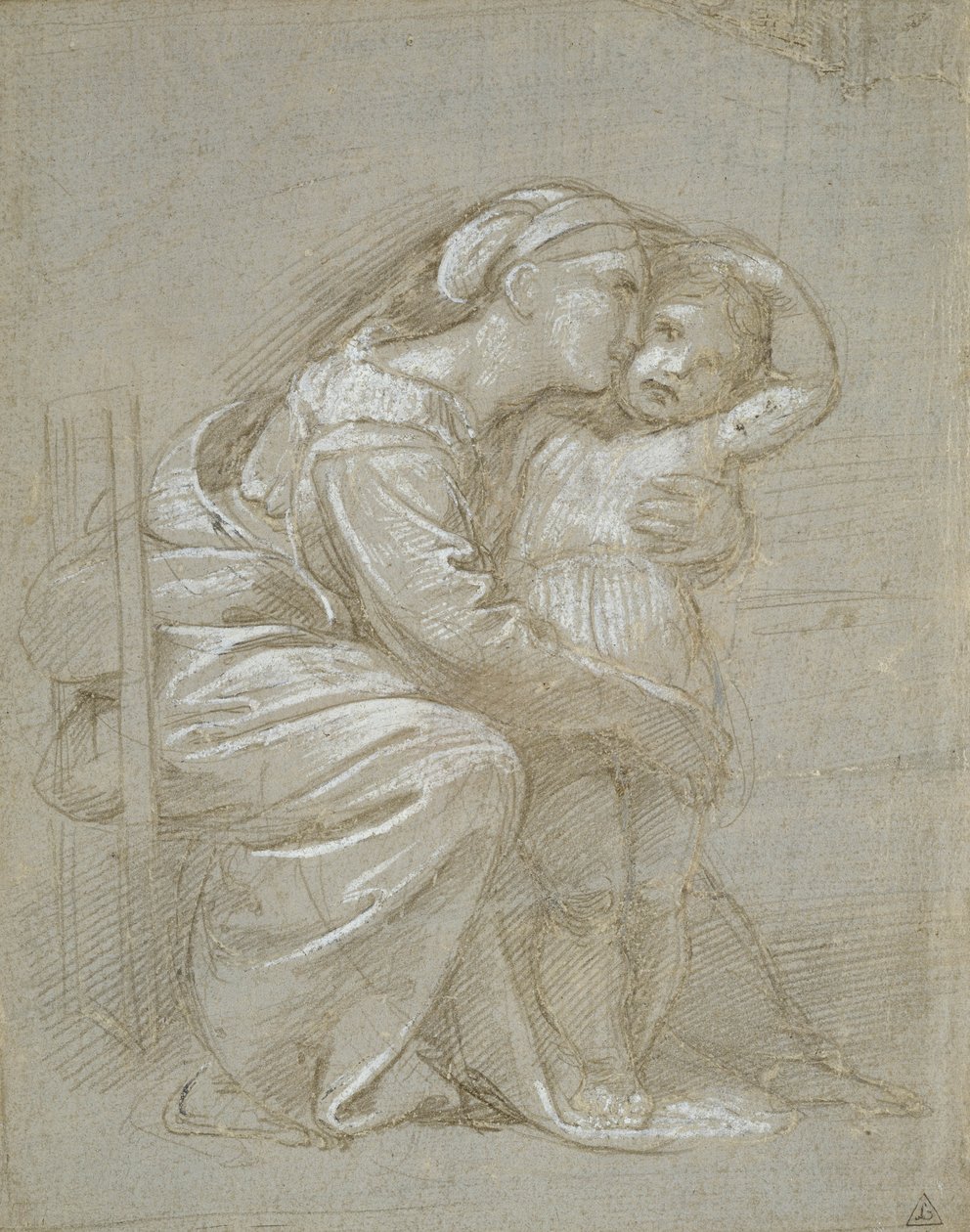 The Virgin and Child (sølvspiss, forsterket med hvit kroppsfarge på et skifergrå preparat) av Raffaello Sanzio Raphael