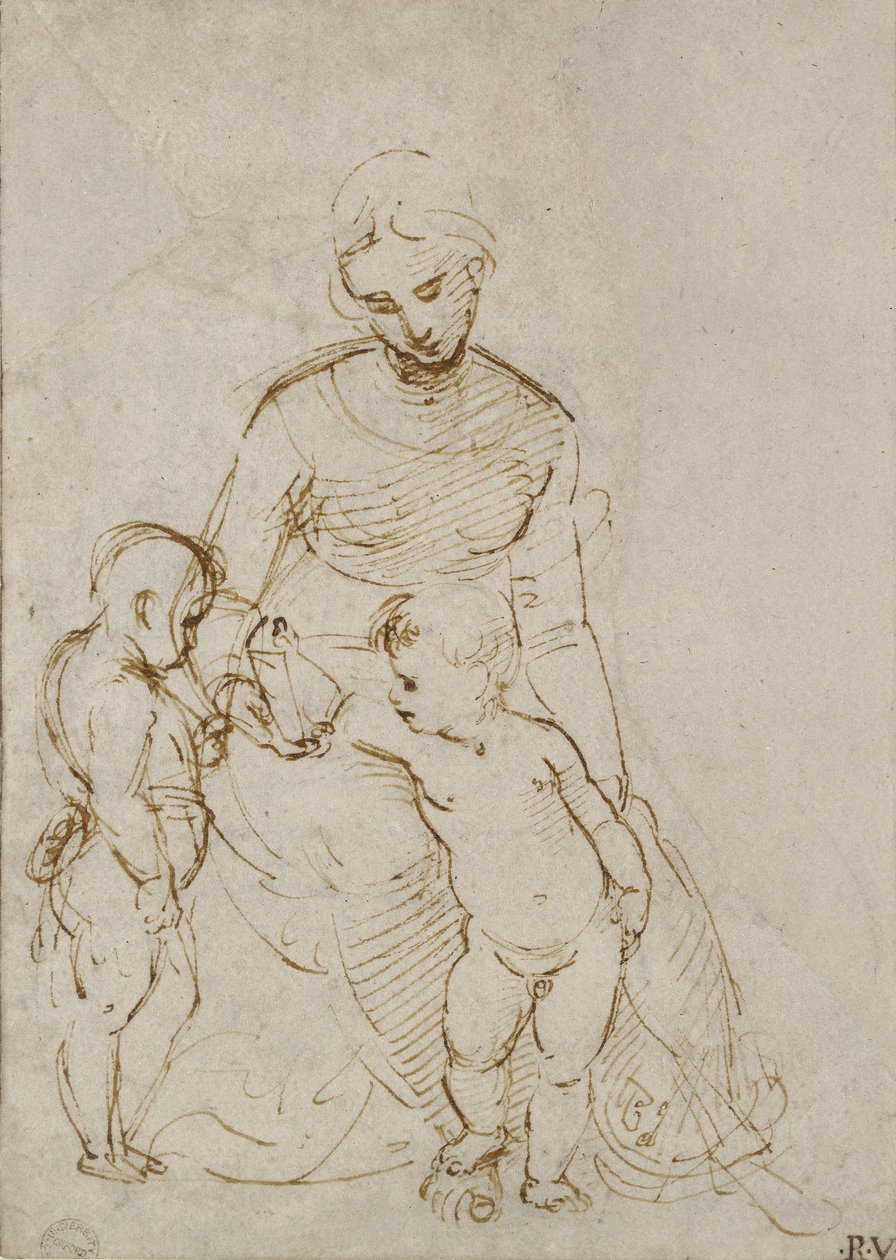 Jomfruen og barnet med St John (penn og brunt blekk på hvitt papir) av Raffaello Sanzio Raphael