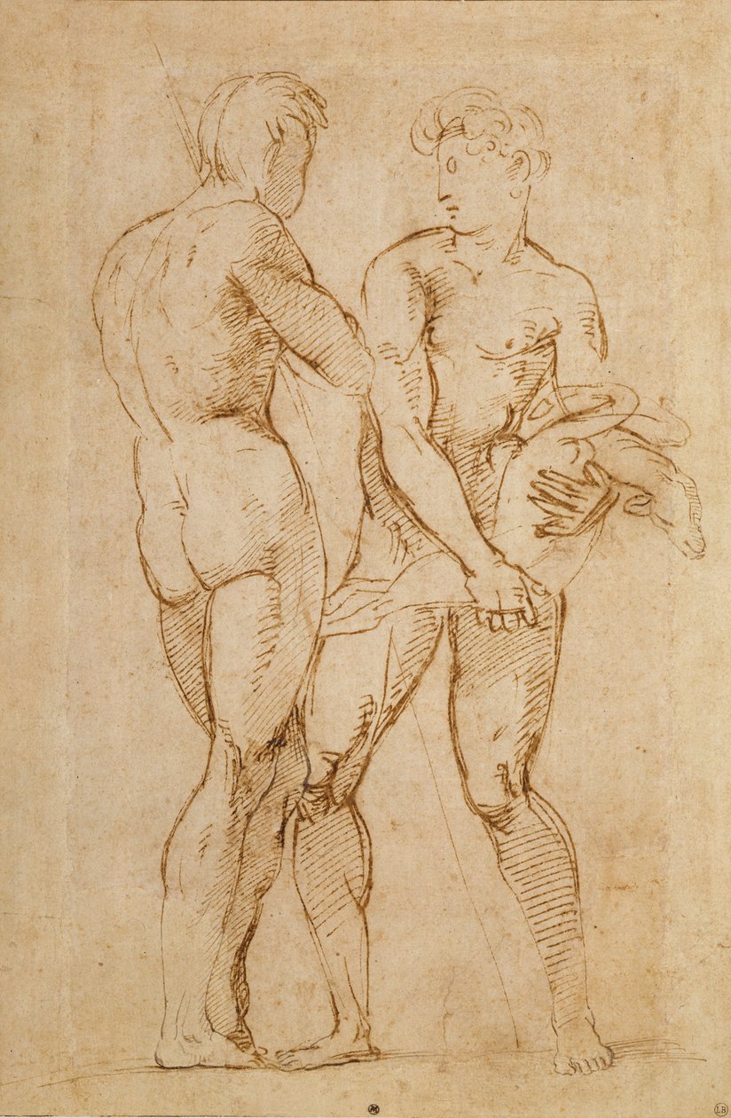 To nakne menn står, en holder et lam av Raffaello Sanzio Raphael