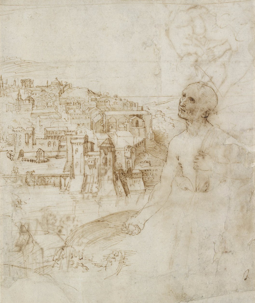 Utsikt over byen Perugia, med den angrende St. Jerome i forgrunnen, 1504 (penn og brunt blekk på hvitt papir) av Raffaello Sanzio Raphael