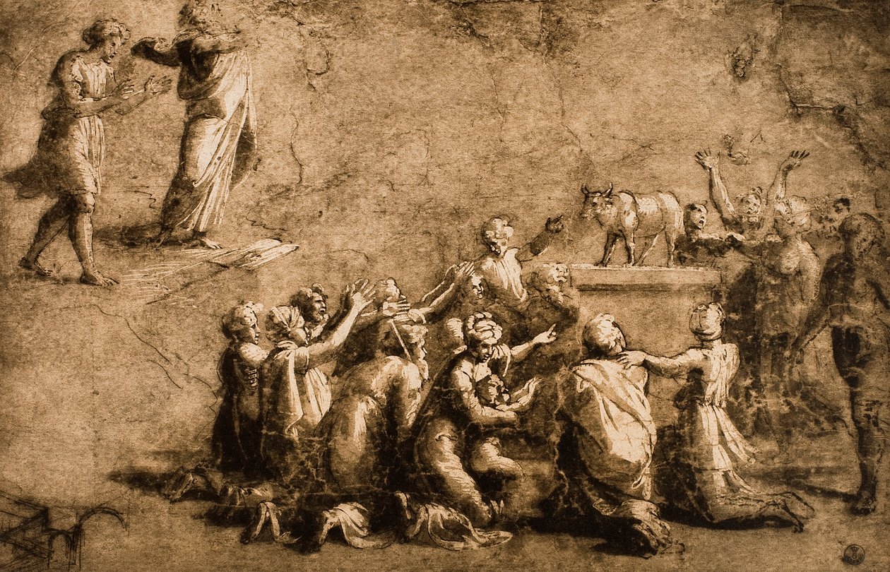 Tilbedelse av gullkalven eller Moses bryter lovens tabeller; tegning av Raphael. Gabinetto dei Disegni e delle Stampe, Uffizi Gallery, Firenze av Raffaello Sanzio Raphael