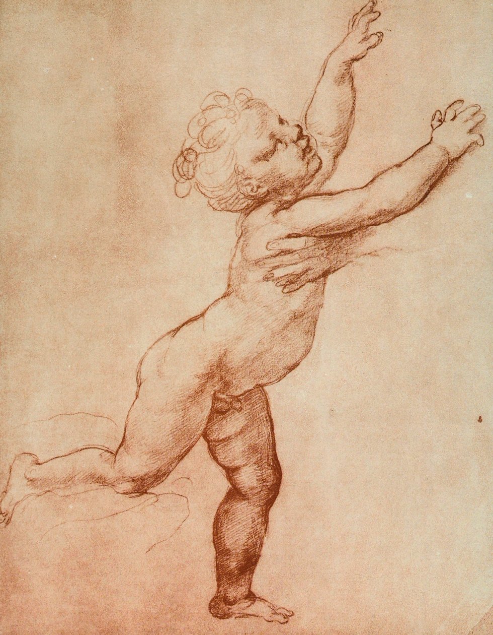 Tegning av en baby som løper mot høyre der det ser ut til å være en person som venter på ham som man bare kan se en hånd av. Verk av Raffaello i Uffizi i Tegne- og trykkerommet, i Florenc av Raffaello Sanzio Raphael