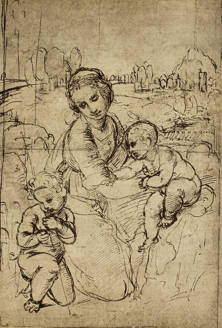 Madonna and Child og St. John (barn), tegning av Raphael. Cabinet of Drawings and Prints, Uffizi Gallery, Firenze av Raffaello Sanzio Raphael