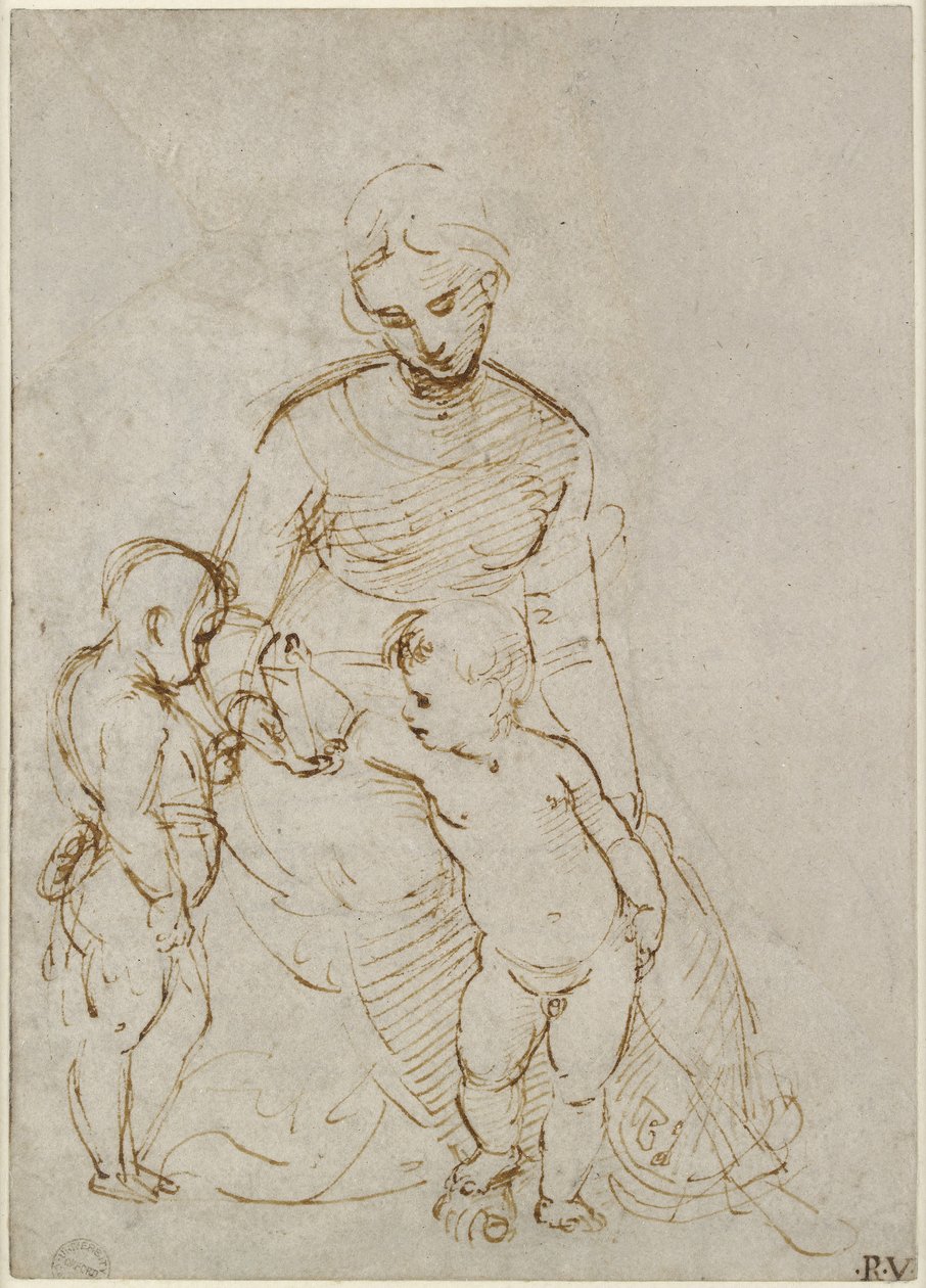 Rekt: The Virgin and Child with St John (The Madonna del Cardellino), WA1846.160 (penn og brunt blekk over blinde pennen, noen spor av bly eller kritt) av Raffaello Sanzio Raphael
