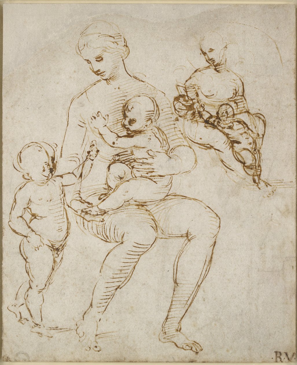 Recto: Two Studies for a Virgin and Child with St John (The Madonna del Cardellino), WA1846.159 (penn og brunt blekk over en blind penn) av Raffaello Sanzio Raphael