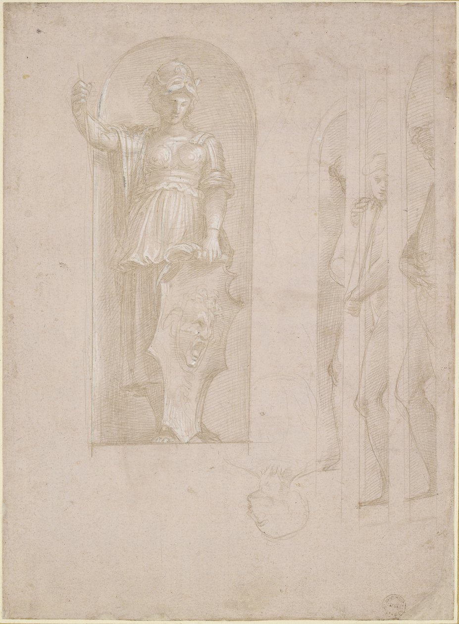 Studier for en figur av Minerva og andre statuer (Studie for Skolen i Athen), WA1846.192 (metalpoint med hvit forhøyning på rosa forberedt papir) av Raffaello Sanzio Raphael