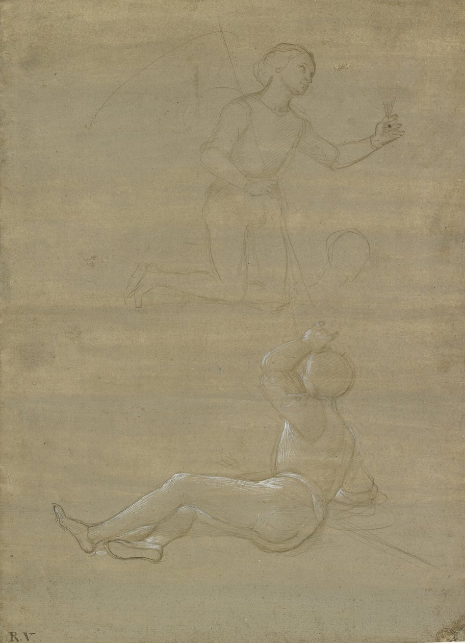 Studier for en vakt i en oppstandelse og av en engel, WA1846.150 (metalpoint på brungrått forberedt papir med hvit forhøyning) av Raffaello Sanzio Raphael