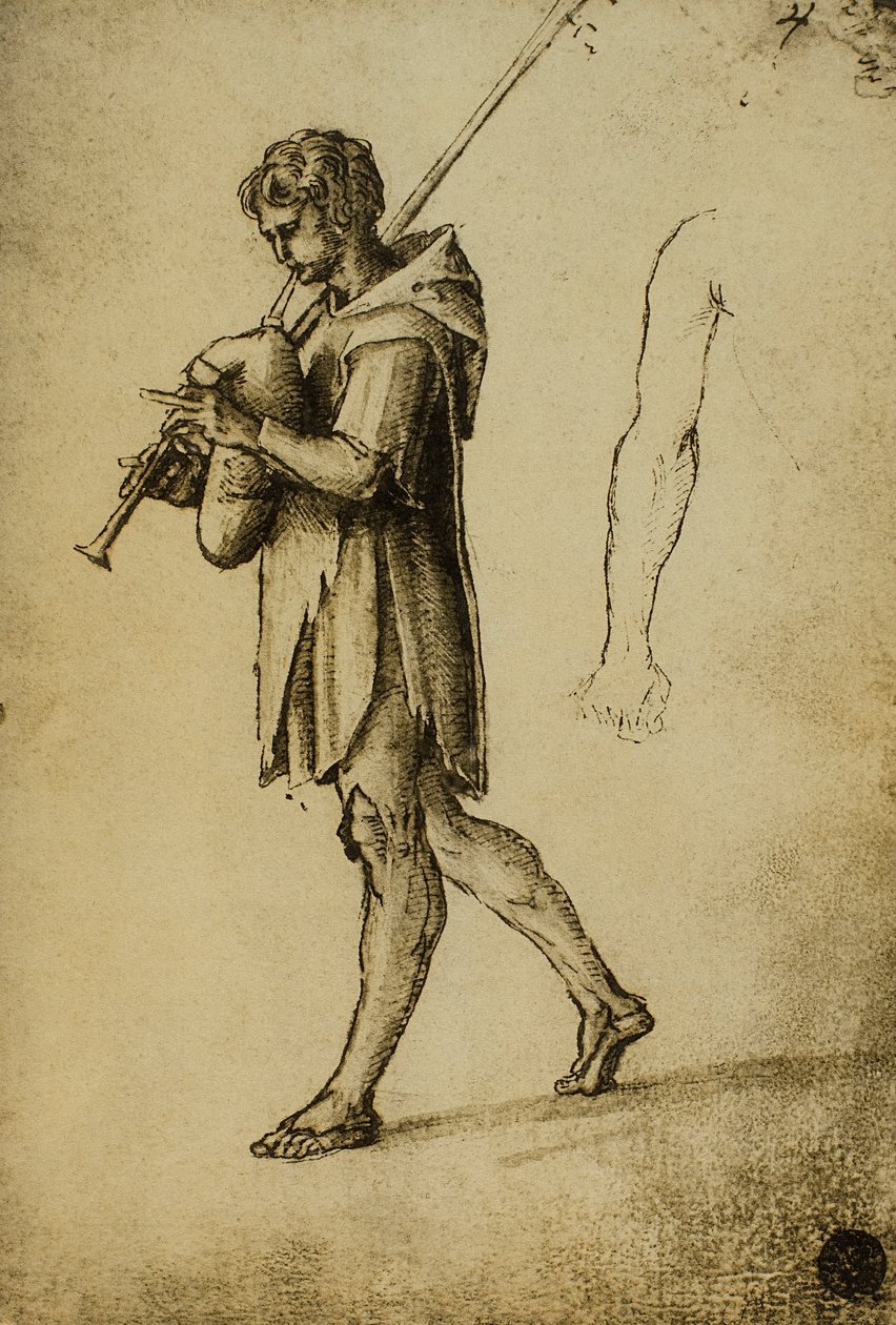 Studie for en sekkepipespiller; tegning av Raphael. Gallerie dellAccademia, Venezia av Raffaello Sanzio Raphael
