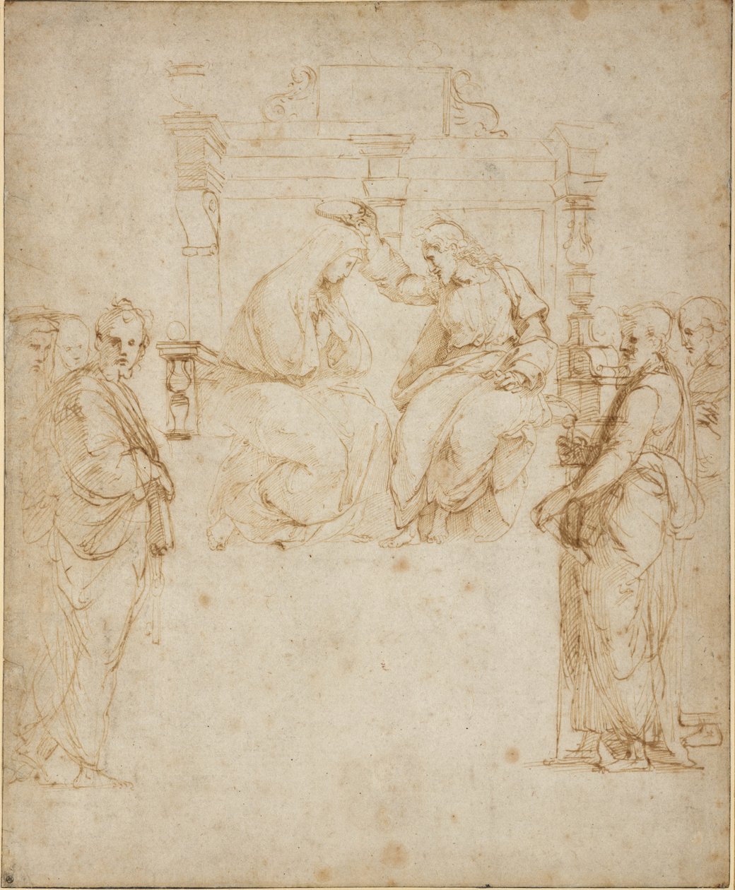 The Coronation of the Virgin, WA1846.206 (penn og brunt blekk over blind pekepinne, kantene på arket styrt med svart blekk) av Raffaello Sanzio Raphael