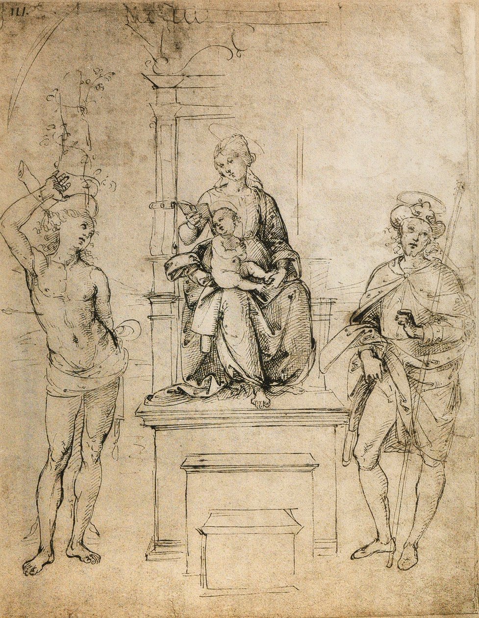 Jomfruen, Jesusbarnet, St. Sebastian og St. Rocco; tegning av Raphael. Louvre, Paris av Raffaello Sanzio Raphael