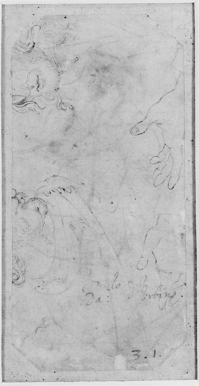 Verso: Skisser av to mannlige hoder og et par hender, WA1846.167 (penn og brunt blekk på hvitt papir) av Raffaello Sanzio Raphael