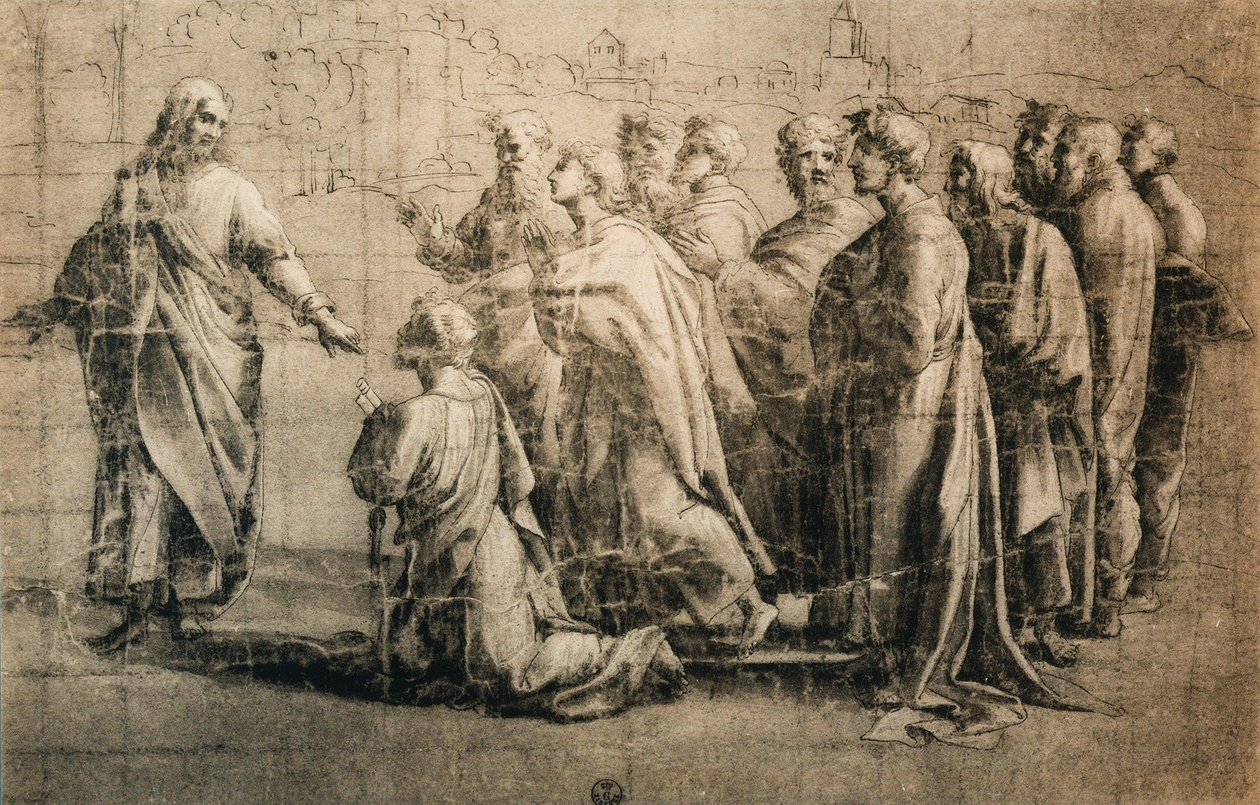 Kristus gir nøklene til Peter; tegning fra Rafaels skole. Kabinett for tegninger og trykk, Uffizi, Firenze av School of Raphael