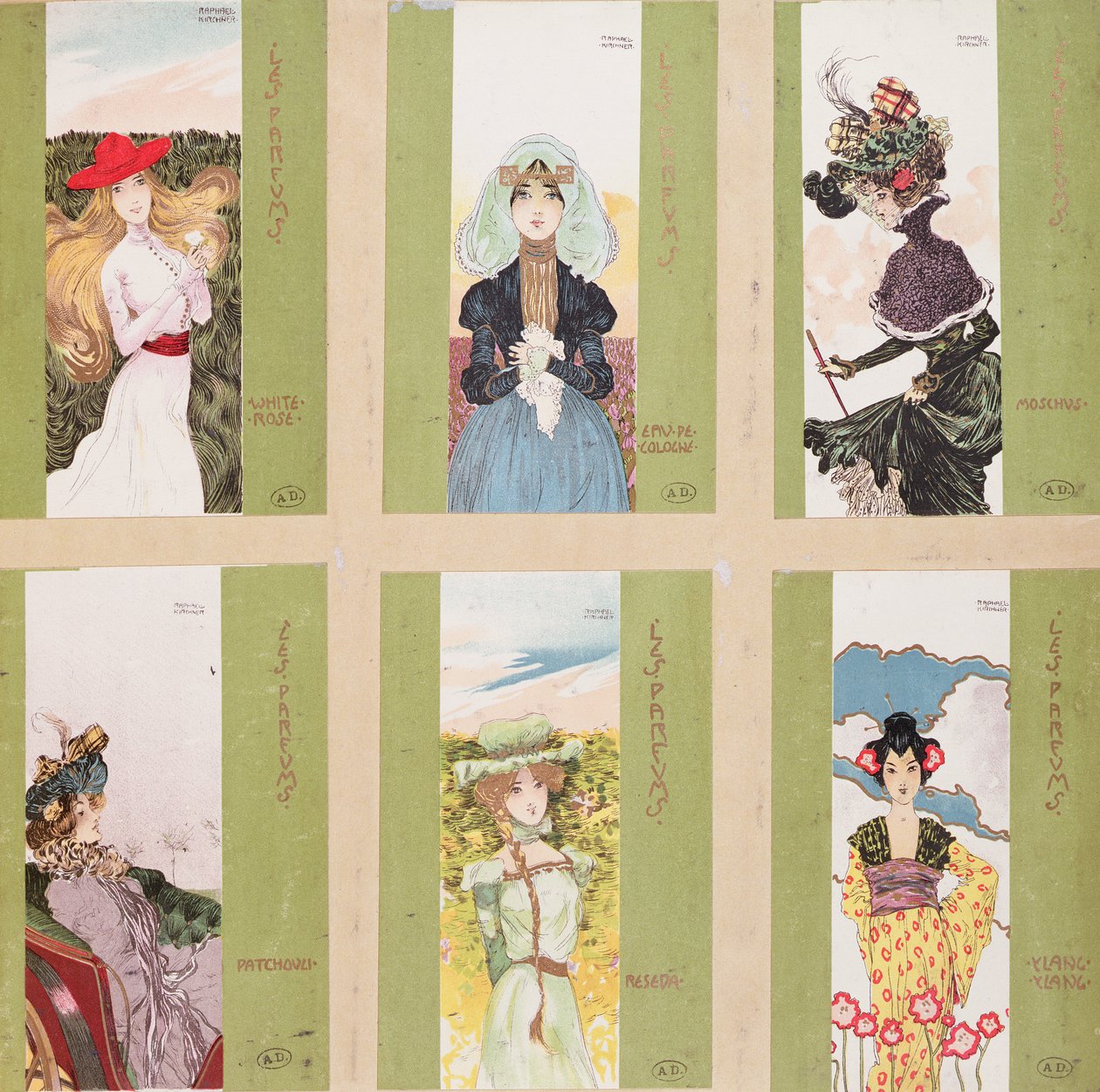 Utvalg av postkort med allegoriske representasjoner av parfymer av Raphael Kirchner