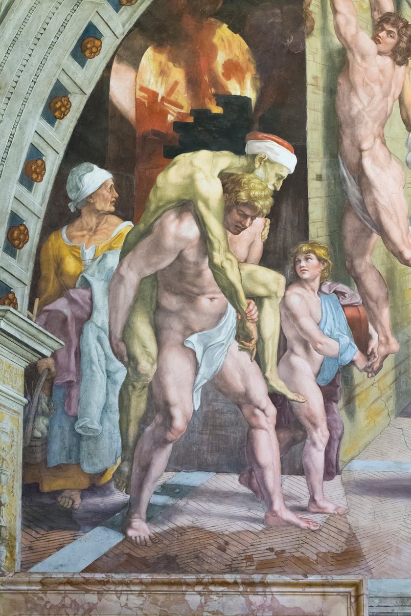 Brannen i borgo, detalj som sannsynligvis viser Aeneas rømte sammen med faren Anchises og sønnen Ascanius av Raphael (1483 1520) (& studio)