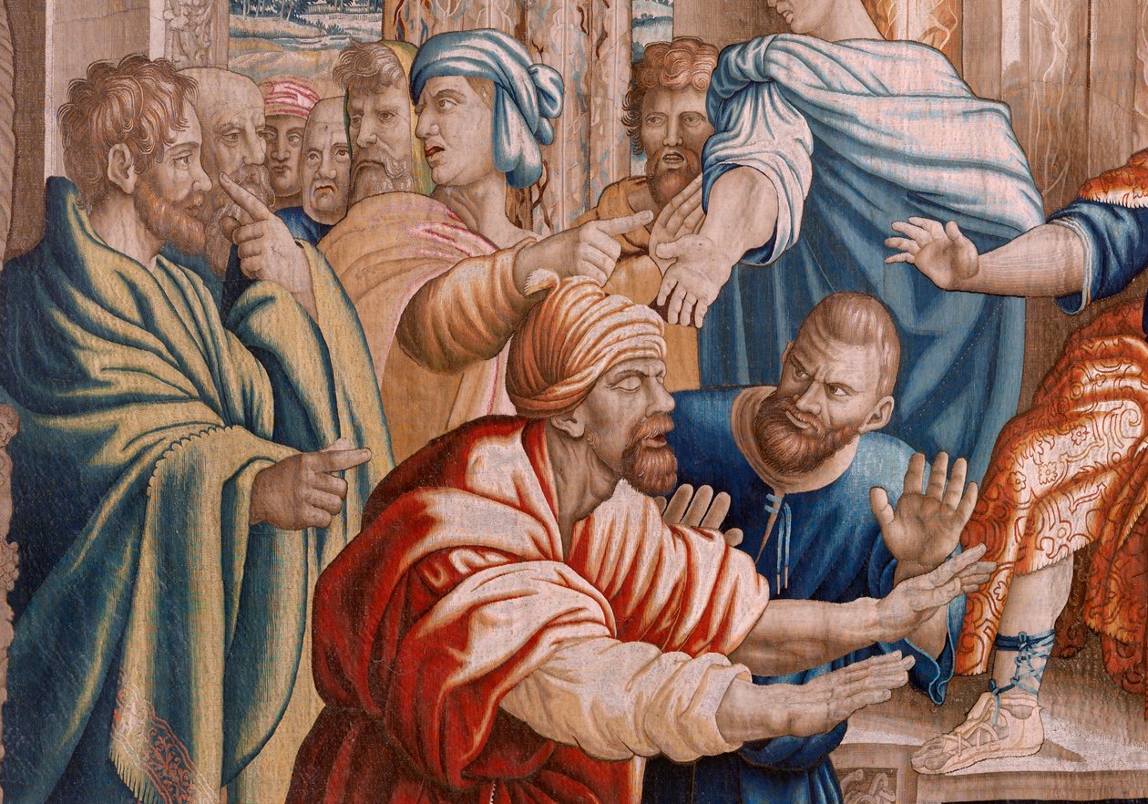 flamsk billedvev. Serie Apostlenes gjerninger. Elymas slo blind (La ceguera de Elymas). Syvende billedvev i serien. Modell tegneserie av Rafael Sanzio. 1519. Fremstilling Jan Raes II, Brussel. Ca 1605-1629. Stoff Silke og ull. Størrelse 534 x 783 cm. Locat av Raphael