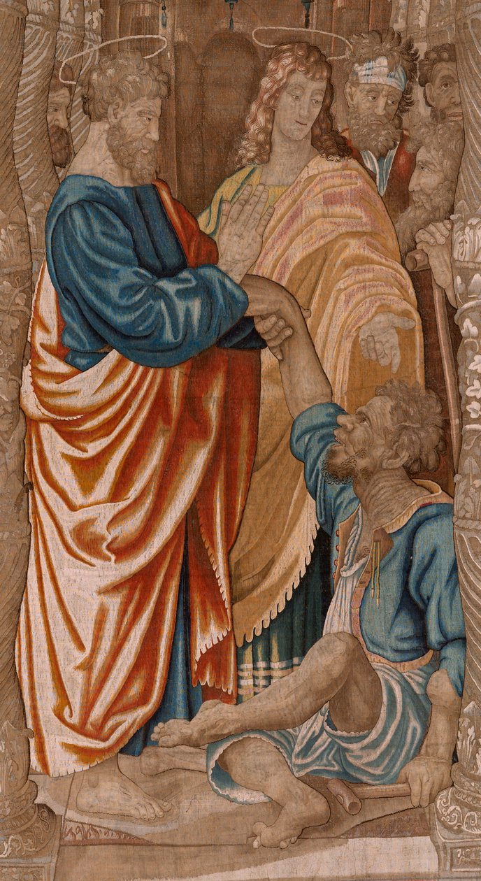 flamsk billedvev. Serie Apostlenes gjerninger. Miraklet til den lamme mannen (El milagro del paralítico). Tredje billedvev i serien. Modell tegneserie av Rafael Sanzio. 1519. Fremstilling Jan Raes II, Brussel. Ca1605-1629. Stoff Silke og ull. Størrelse 524 av Raphael