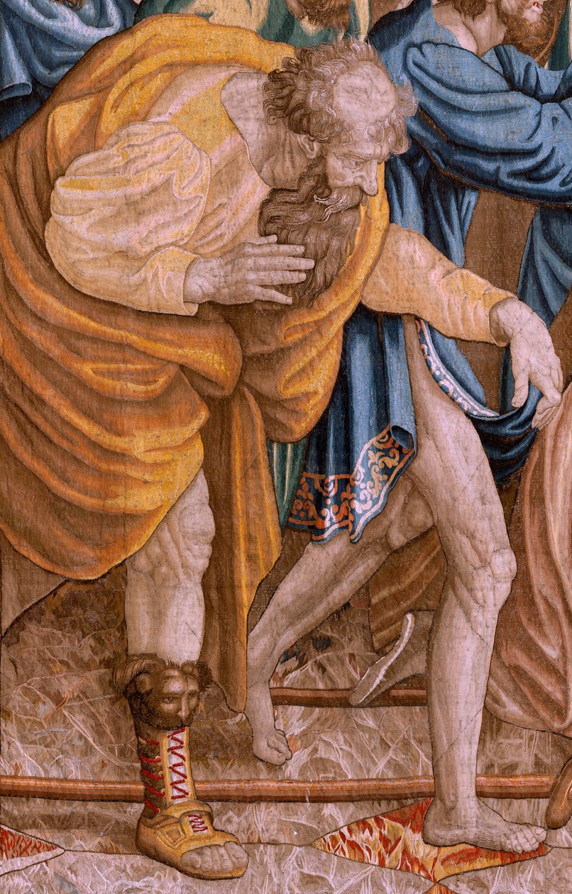 flamsk billedvev. Serien Apostlenes gjerninger. Saint Paul og Saint Barnabas i Lystra (San Pablo y San Bernabé en Lystra). 8. klut i serien, den ble delt i to for å tilpasse den til rommet. Modell tegneserie av Rafael Sanzio. 1519. Tilvirke Jan Raes av Raphael