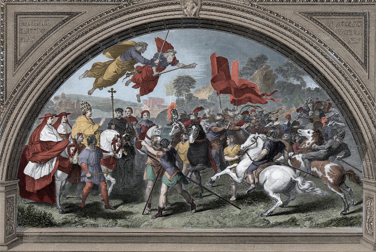 Representasjon av pave Leon I sa den store (390-461) mot lederen av hunnerne Attila (ca. 395-453) i 452 i Mantua - barbariske invasjoner - (pave Leo I det store møtet med hunerkongen Attila i 452) (etter Raphael) av after Raphael