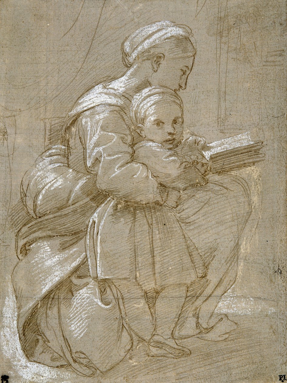 En kvinne som sitter på en stol og leser, med et barn som står ved siden av henne (metallspiss og hvit kroppsfarge på papir) av Raphael