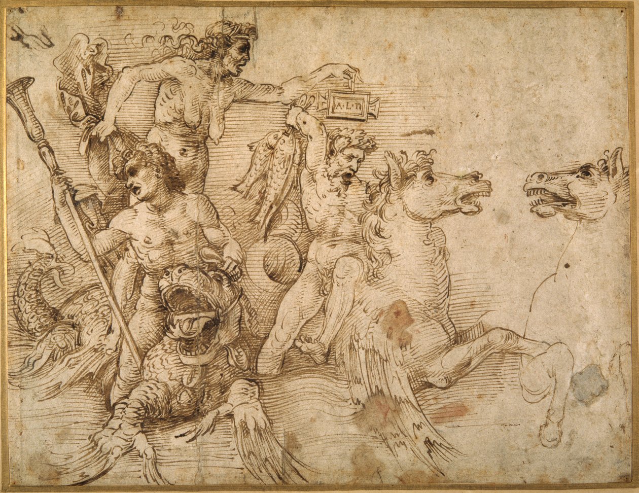 Battle of the Tritons, etter Andrea Mantegna (penn og brunt blekk på hvitt papir) av Raphael