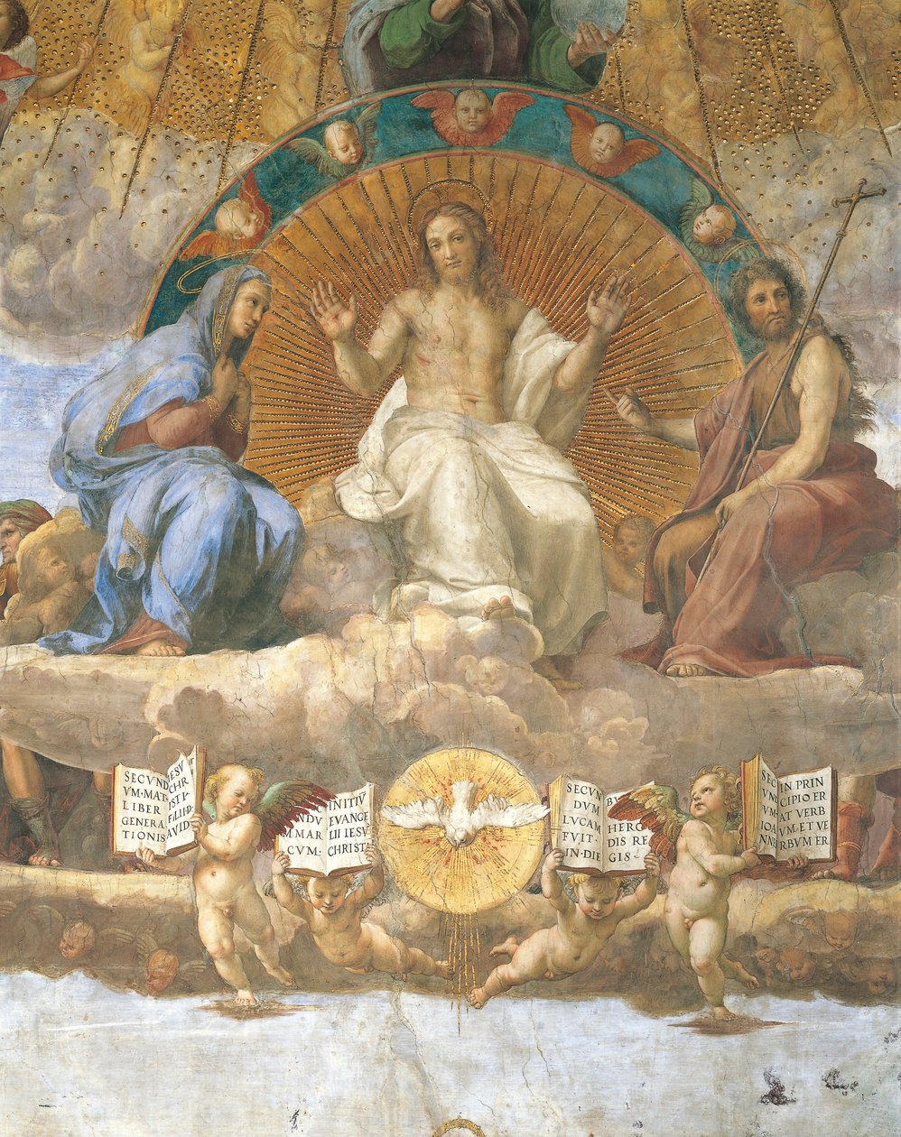 Kristus flankert av den hellige jomfru Maria og døperen Johannes, detalj av disputasen om det hellige sakrament av Raphael
