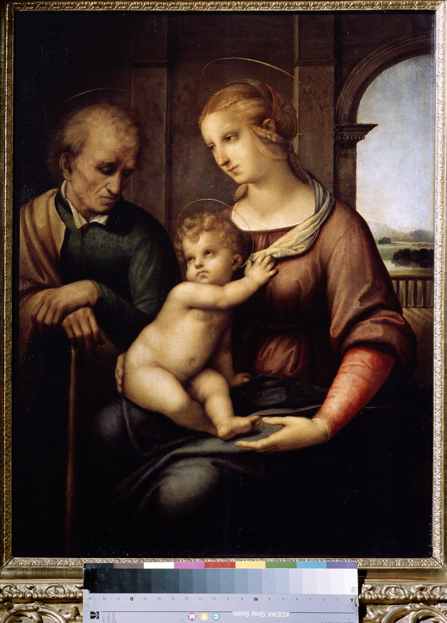 La Sainte famille med Saint Joseph skjeggløs eller Den hellige familie eller Madonna med skjeggløs Joseph. Peinture de Raffaello Sanzio dit Raphael (1483–1520) av Raphael