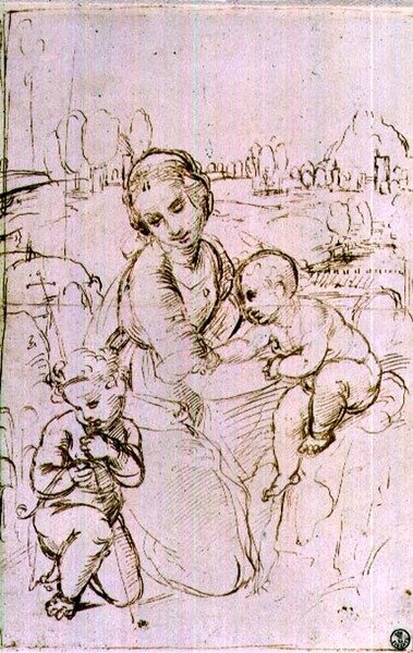 Studie av en madonna og et barn med spedbarnet St. Johannes døperen (penn og blekk) av Raphael
