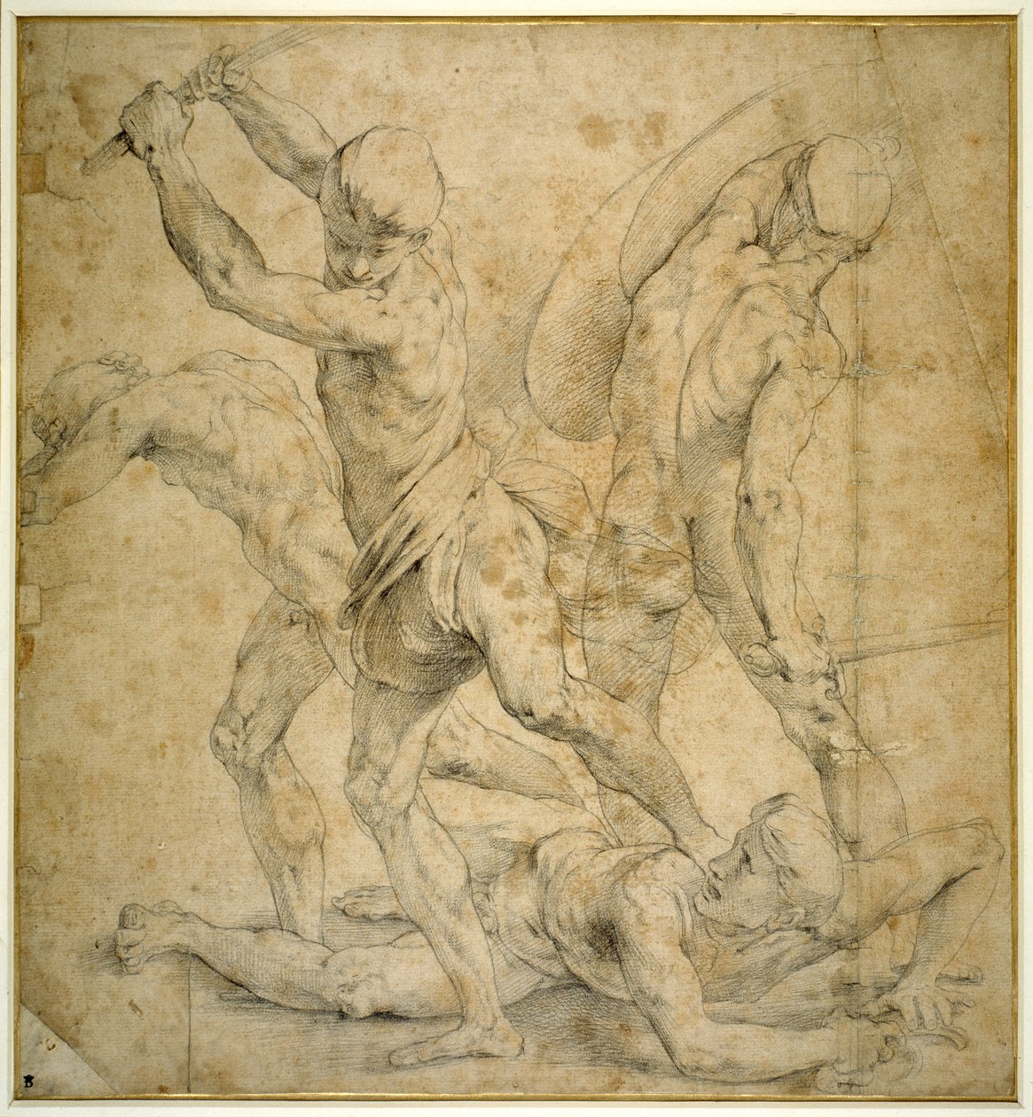 Panelet under statuen av Apollo i 'The School of Athen's', etter en tegning av Raphael (svart kritt på papir) av Raphael and studio