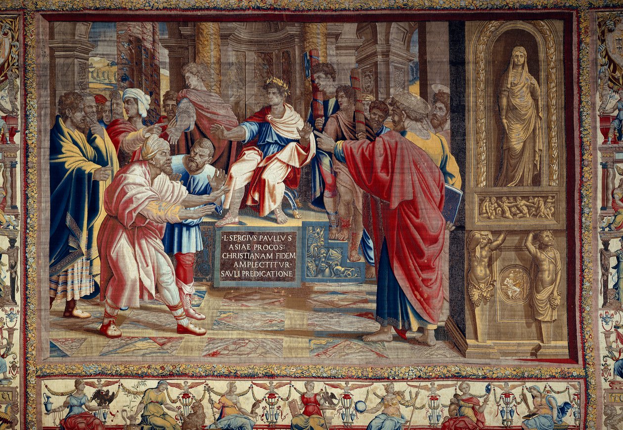 Livet til apostelen Peter og Paulus: "" straffen til Barjesu (Elymas) jødisk magiker som motarbeidet Paulus og var midlertidig blind""" Scenen finner sted foran den romerske prokonsul Lucius Sergius Paulus og Saint Barnaba. Du kan se inskripsjonen i av after Raphael
