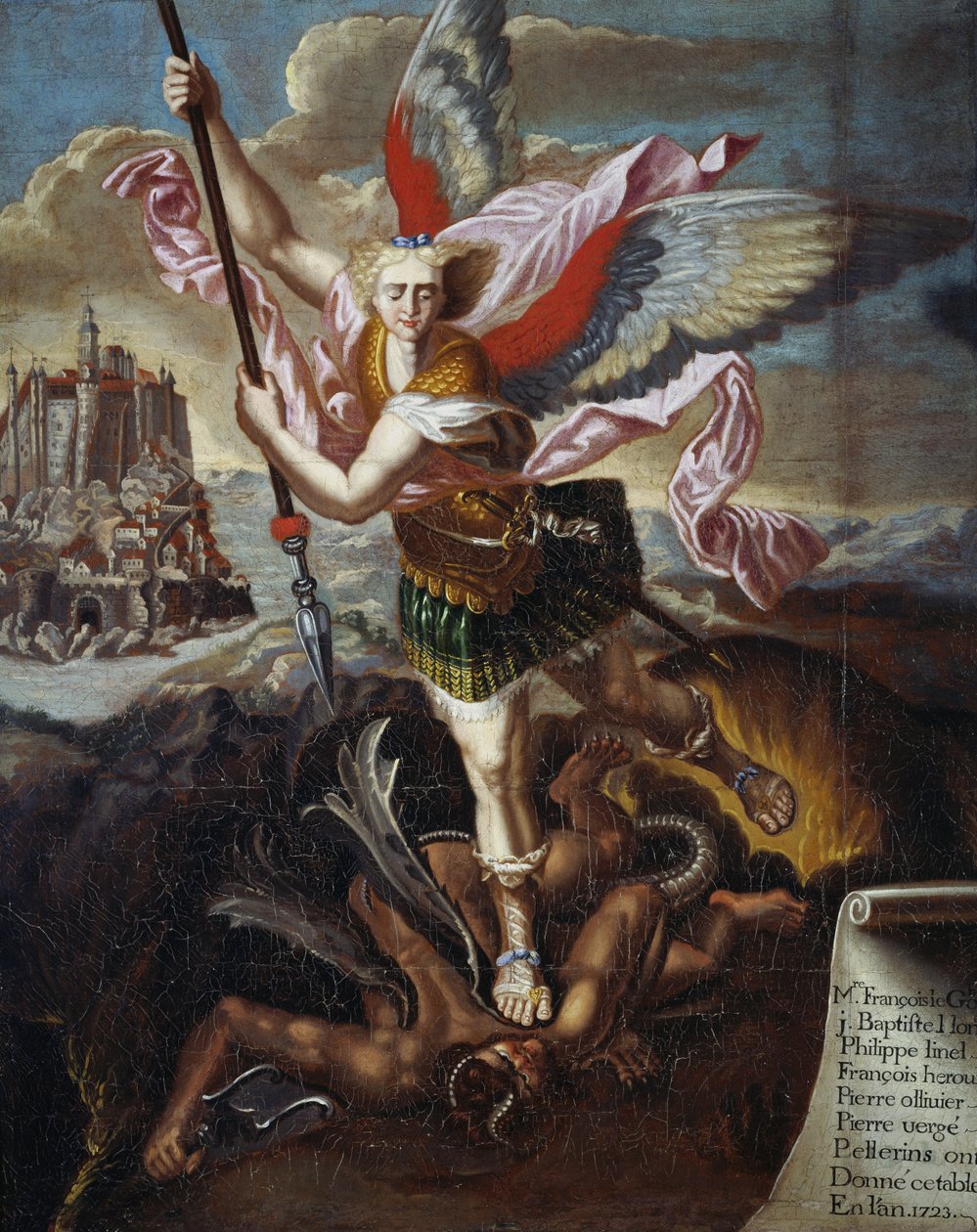 St Michael and the Devil, av Raphael Sanzio, eks-votiv til seks pilegrimer på pilegrimsreise til Mont Saint-Michel av Raphael (1483 1520) (after)