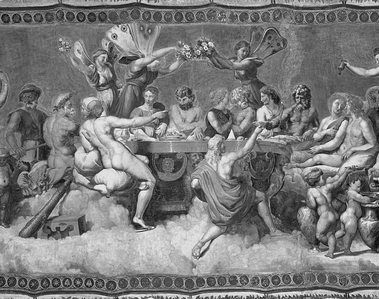 The Banquet of the Gods, takmaleri av frieri og ekteskap av Amor og Psyche (fresco) (s/hv-bilde) (detalj av 57688) av after Raphael
