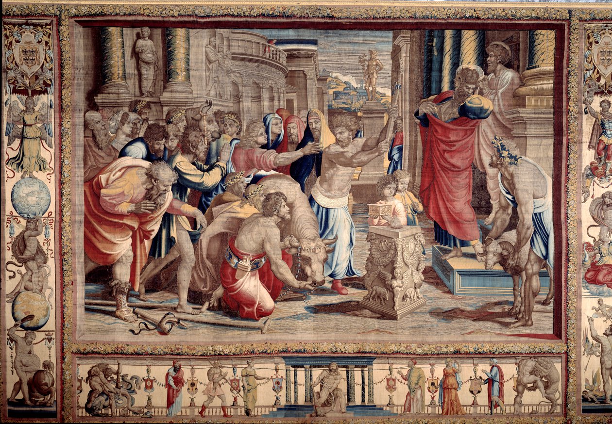 Offeret i Lystra - Apostlenes liv til Peter og Paulus: Den hellige Paulus avviser guddommelig ære, etter å ha kjempet mot en invalid, tar innbyggerne ham for en gud og ønsker å ofre - Tapestry d